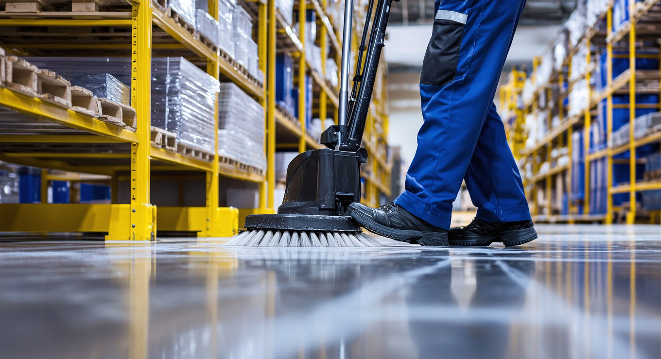 Cleaning a warehouse floor