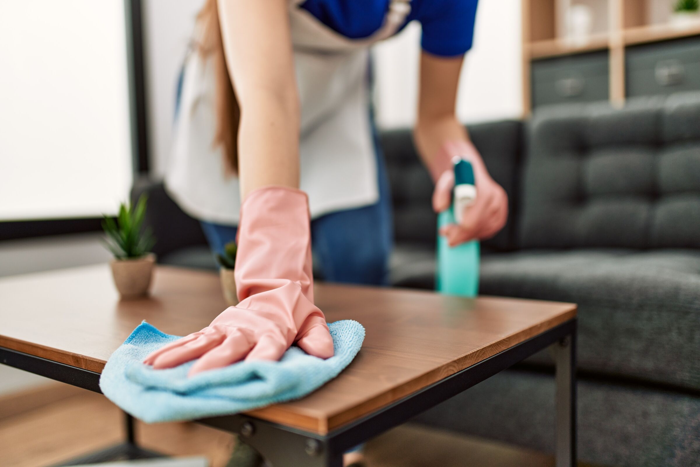 Woman Cleaning Table Using Rag and Diffuser